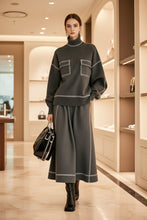Load image into Gallery viewer, Women's Turtleneck Balloon-Sleeve Knit Top &amp; A-Line Midi Skirt Set with Contrast Topstitching
