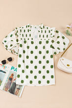Load image into Gallery viewer, Black Polka Dot Print Smocked Notched Neck Balloon Sleeve Blouse
