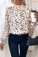 Load image into Gallery viewer, White Leopard Print Puff Sleeve Mock Neck Pleated Blouse

