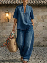 Load image into Gallery viewer, Retro V-Neck Washed Denim Top &amp; Wide-Leg Pants Set – 3 Colors, S–3XL
