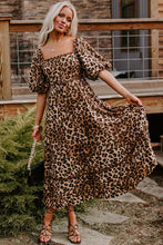 Load image into Gallery viewer, Brown Leopard Print Puff Sleeve Ricrac Maxi Dress
