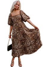 Load image into Gallery viewer, Brown Leopard Print Puff Sleeve Ricrac Maxi Dress
