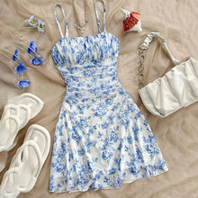 Load image into Gallery viewer, Boho Floral Spaghetti Strap Mini Dress – Ruched Ruffle Hem Vacation Sundress
