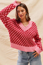 Load image into Gallery viewer, SO ME Color Block Textured Christmas Sweater V Neck Top
