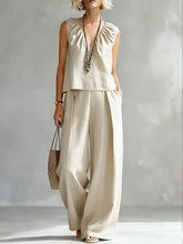 Load image into Gallery viewer, Women's Sleeveless Cotton-Linen Shirt &amp; Pants Set – Urban 2-Piece
