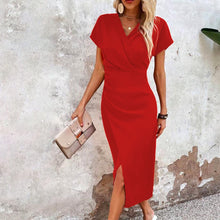 Load image into Gallery viewer, Split V-Neck Bodycon Dress – Slim Fit Short Sleeve Slit Dress
