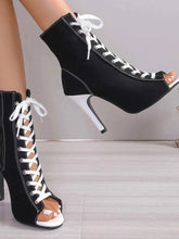 Load image into Gallery viewer, Canvas Lace-Up Peep Toe : Stiletto Ankle Boots
