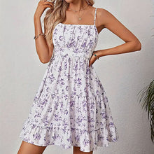 Load image into Gallery viewer, Floral Print Smocked Mini Dress Spaghetti Strap Slim Fit Flowy Dresses
