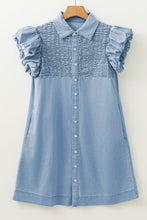 Load image into Gallery viewer, Beau Blue Flutter Sleeve Shirred Button Up Denim Mini Dress
