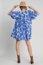 Load image into Gallery viewer, Blue Two Tone Abstract Print Puff Sleeve Dress Trendy Modern Print Dress for Women Summer Dress
