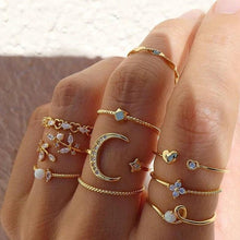 Load image into Gallery viewer, Mandotos Bohemian Star Moon Pearl Leaf 10-Piece Ring Set With Gold Finish And Stackable Designs
