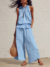 Load image into Gallery viewer, Women's Smocked Neckline Ruffle Hem Linen Tank &amp; Wide-Leg Cropped Pants Set
