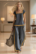 Load image into Gallery viewer, Women's Linen-Style Square Neck Cap Sleeve Top &amp; Wide-Leg Pants Set with Contrast Trim
