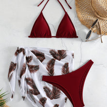 Load image into Gallery viewer, Feather Luxe 3-Piece Bikini Set – Exotic Feather Print Halter Neck Backless Swimsuit with High Cut Tie Back Bottoms and Wrap Cover-Up – Women’s High-Stretch Comfortable Swimwear for Summer Beach &amp; Pool Vacations
