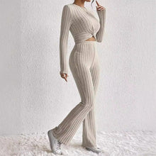 Load image into Gallery viewer, Women's Twist-Front Crop Top &amp; Wide-Leg Ribbed Knit Set – 3 Colors
