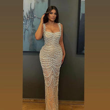 Load image into Gallery viewer, Nude Elegant Sling Light Luxury High-end Pearl Beaded Dress
