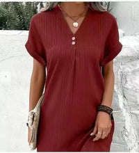 Load image into Gallery viewer, Button-Front V-Neck Dress – Short Sleeve Solid Casual Shirt Dress
