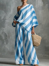 Load image into Gallery viewer, Women's Retro Striped Batwing Top &amp; Wide-Leg Pants Set – Vintage 2-Piece
