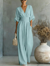 Load image into Gallery viewer, Women's V-Neck Wide-Leg Jumpsuit – High Waist Pleated Elegant
