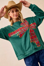 Load image into Gallery viewer, BiBi Plaid Ribbon Bow Detail Christmas Fleece Pullover
