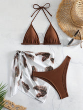 Load image into Gallery viewer, Feather Luxe 3-Piece Bikini Set – Exotic Feather Print Halter Neck Backless Swimsuit with High Cut Tie Back Bottoms and Wrap Cover-Up – Women’s High-Stretch Comfortable Swimwear for Summer Beach &amp; Pool Vacations
