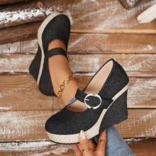 Load image into Gallery viewer, Women's Platform Wedge Pumps | Round-Toe Buckle Waterproof Thick Sole Shoes in Black &amp; Blue | EU 36–43
