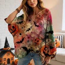 Load image into Gallery viewer, Women’s Hollow Out Batwing Top – Halloween Pumpkin Print Blouse
