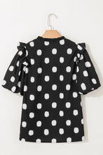 Load image into Gallery viewer, Black Polka Dot Print Smocked Notched Neck Balloon Sleeve Blouse
