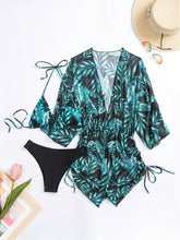 Load image into Gallery viewer, Island Bloom 3-Piece Bikini Set for Women – Tropical Leaf Print Fluttering Swimwear with Flattering Halter Neck Top High Waist Bottoms &amp; Adjustable Drawstring Cover Up – Perfect for Koningsdag Celebrations &amp; Summer Adventures

