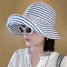Load image into Gallery viewer, Women's Wide-Brim Striped Sun Hat – UV Protection &amp; Adjustable Fit
