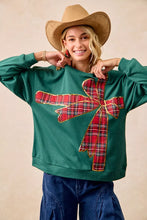 Load image into Gallery viewer, BiBi Plaid Ribbon Bow Detail Christmas Fleece Pullover
