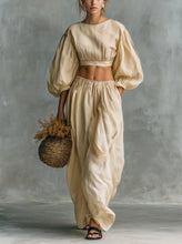 Load image into Gallery viewer, Women's Puff-Sleeve Crew-Neck Two-Piece Set with Pockets
