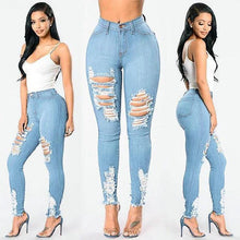 Load image into Gallery viewer, Denim Pencil Pants Slim Long Trousers Ripped Hole Stretch Feet Pants Female
