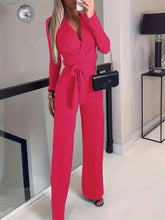 Load image into Gallery viewer, Women's Solid V-neck Bow Tie Waist Slimming Fashion Jumpsuit
