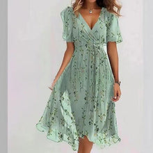 Load image into Gallery viewer, Floral Print A-Line Dress – V-Neck Short Sleeve Midi Dress
