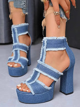 Load image into Gallery viewer, Denim Platform Block Heel Sandals : With Frayed Edge Detail
