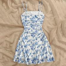 Load image into Gallery viewer, Boho Floral Spaghetti Strap Mini Dress – Ruched Ruffle Hem Vacation Sundress
