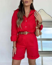 Load image into Gallery viewer, Women's Casual Long-Sleeve Shirt &amp; Shorts Set – Cotton 2-Piece
