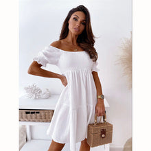 Load image into Gallery viewer, Casual One Word Collar Wrinkle Puff Sleeve Mid Dresses
