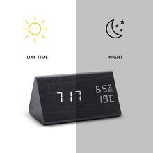 Load image into Gallery viewer, Digital Clock LED Wooden Alarm Clock Digital Alarm Clock with Wooden Electronic LED Time Display 3 Alarm Settings Humidity &amp; Temperature Detect Wood Made Electric Clocks Table Sound Control Electronic Clocks Desktop USB/AAA Powered Home Table Decor
