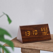 Load image into Gallery viewer, Digital Clock LED Wooden Alarm Clock Digital Alarm Clock with Wooden Electronic LED Time Display 3 Alarm Settings Humidity &amp; Temperature Detect Wood Made Electric Clocks Table Sound Control Electronic Clocks Desktop USB/AAA Powered Home Table Decor
