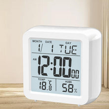 Load image into Gallery viewer, Digital Desktop LCD Snooze Calendar Alarm clock Digital Desktop Clock Electronic Digital Alarm Clocks for Bedroom Home Decor LCD Screen with Time/Calendar/Temperature Display White Bedroom Watch with Thermometer &amp; Hygrometer for Home  Battery Operated
