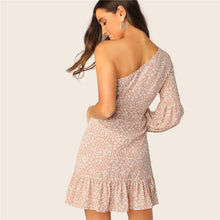 Load image into Gallery viewer, Floral One Shoulder Lantern Sleeve Ruffle Dress
