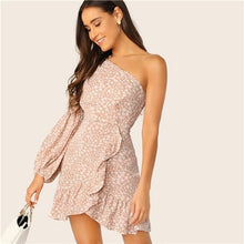 Load image into Gallery viewer, Floral One Shoulder Lantern Sleeve Ruffle Dress
