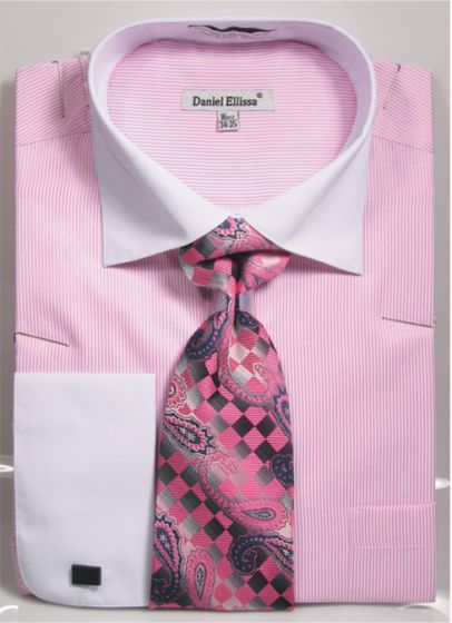 Daniel Ellissa Fine Pinstripe FRENCH CUFF Men's Dress Shirt DN83M Pink