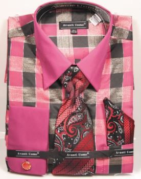 Avanti Uomo Metallic Thread Checkered Men's French Cuff Dress Shirt DN93M Burgundy