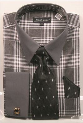 Avanti Uomo Plaid/Checkered Men's French Cuff Dress Shirt DN99M Gray