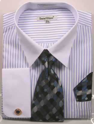 Daniel Ellissa Men's Striped French Cuff Shirt Set - Dark Accented Tie | DS3814P2 Royal