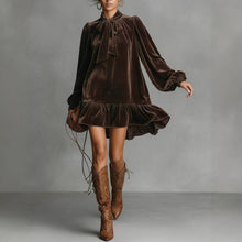 Load image into Gallery viewer, Women’s Bow-Tie Puff Sleeve Dress – Elegant Asymmetric Ruffle Hem Short Dress
