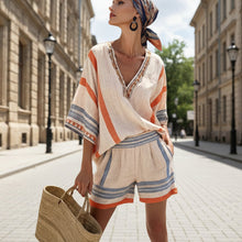 Load image into Gallery viewer, Women's Striped Linen V-Neck Top &amp; Shorts Set with Embroidered Neckline
